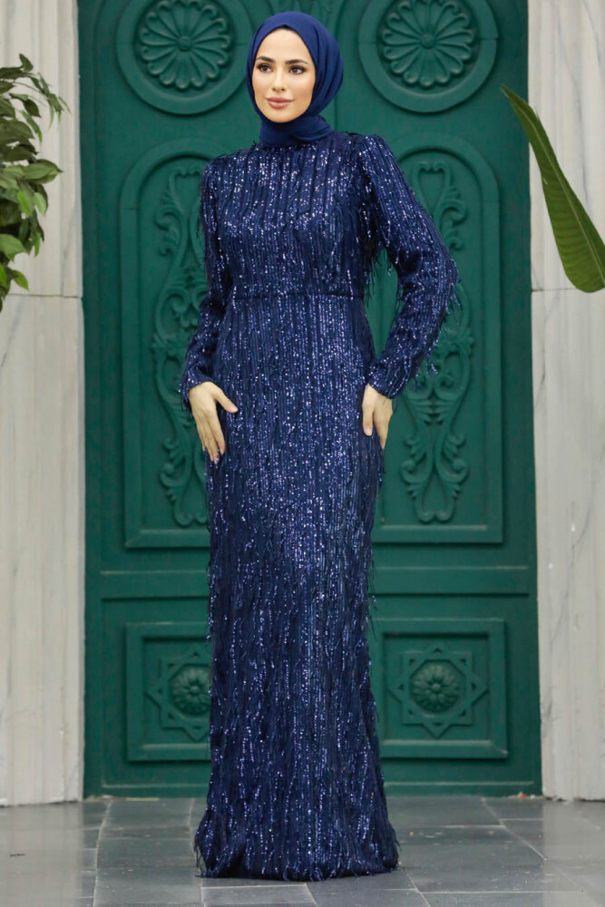 Elegant Navy Blue Modest Islamic Clothing Prom Dress 2314L - 1