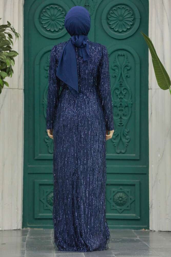 Elegant Navy Blue Modest Islamic Clothing Prom Dress 2314L - 4