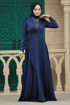 Elegant Navy Blue Muslim Engagement Dress 39011L - 2