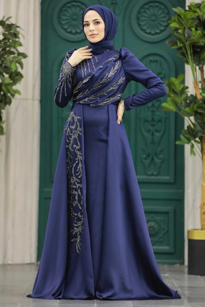 Elegant Navy Blue Muslim Fashion Wedding Dress 40641L - 4