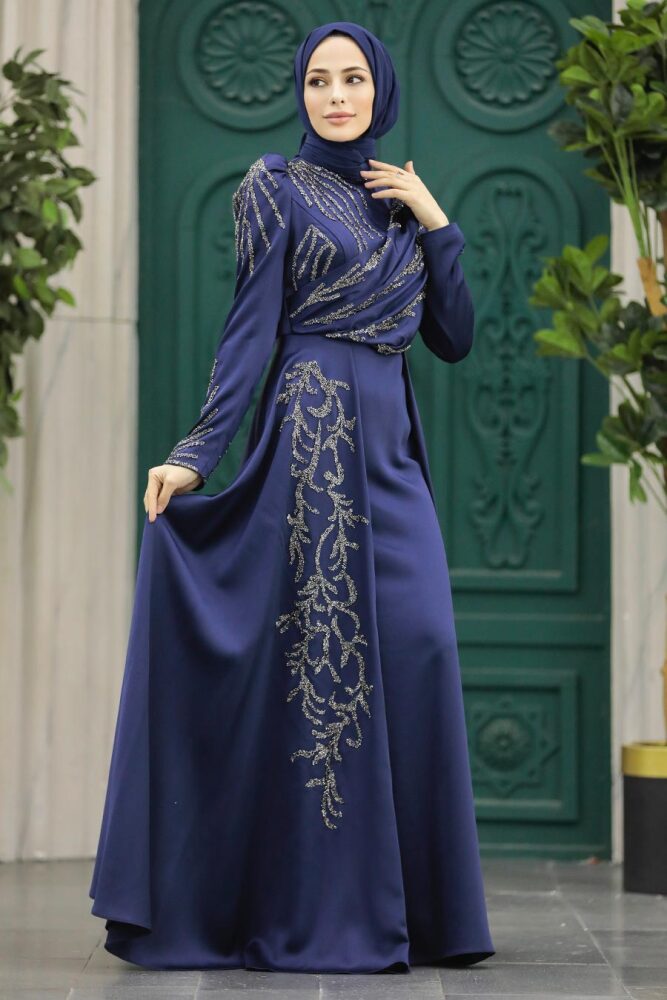 Elegant Navy Blue Muslim Fashion Wedding Dress 40641L - 2