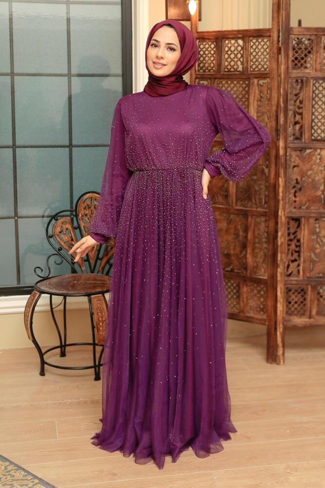 Neva Style - Elegant Plum Color Muslim Fashion Evening Dress 20951MU - 3