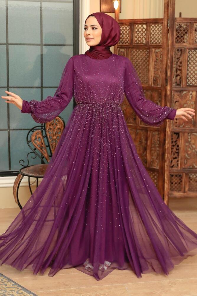 Neva Style - Elegant Plum Color Muslim Fashion Evening Dress 20951MU - 1