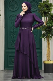 Neva Style -Elegant Plum Color Muslim Fashion Evening Dress 22223MU - Thumbnail