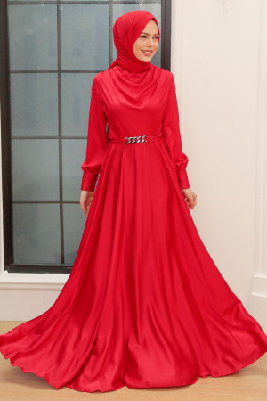 Neva Style - Elegant Red Hijab Muslim Engagement Dress 3460K - Thumbnail