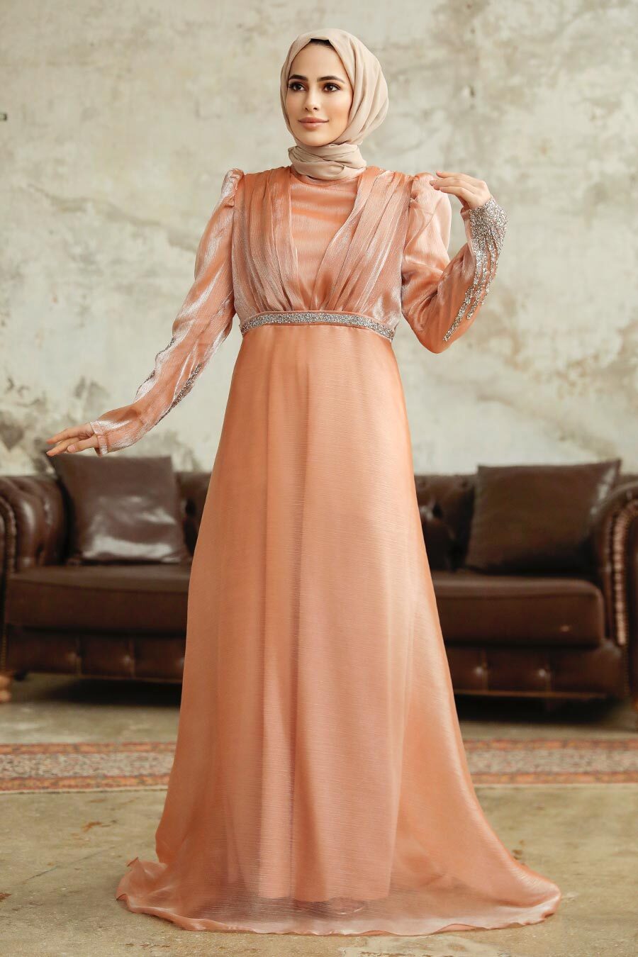 Neva Style - Elegant Salmon Pink Muslim Engagement Dress 25854SMN