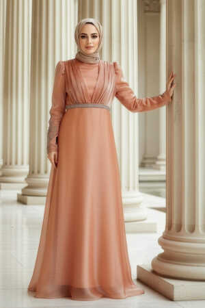 Neva Style - Elegant Salmon Pink Muslim Engagement Dress 25854SMN - 1