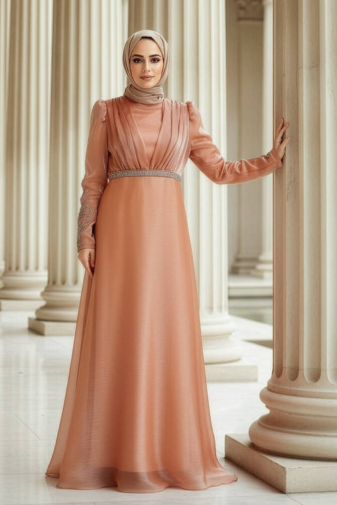 Neva Style - Elegant Salmon Pink Muslim Engagement Dress 25854SMN - 1