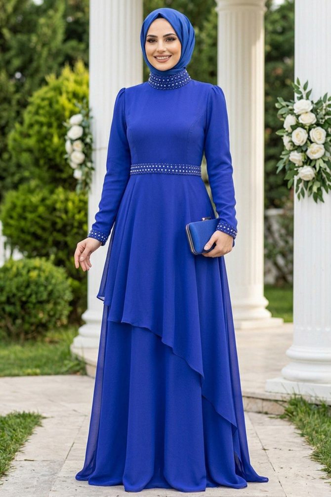 Elegant Sax Blue Muslim Fashion Evening Dress 22223SX - TESETTÜRLÜ ABİYE ELBİSELER