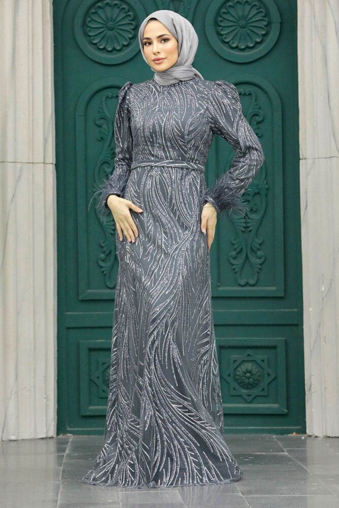 Neva Style - Elegant Smoke Color Islamic Evening Dress 23061FU - 1