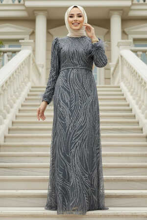Elegant Smoke Color Islamic Evening Dress 23061FU - 1