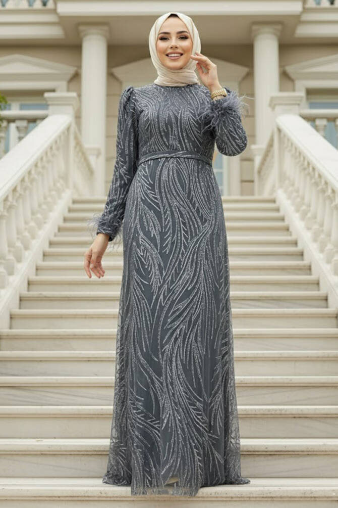 Elegant Smoke Color Islamic Evening Dress 23061FU - 1