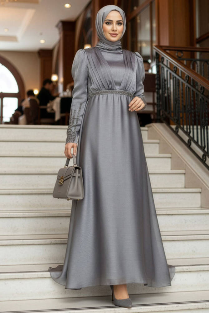 Neva Style - Elegant Smoke Color Muslim Engagement Dress 25854FU - 1