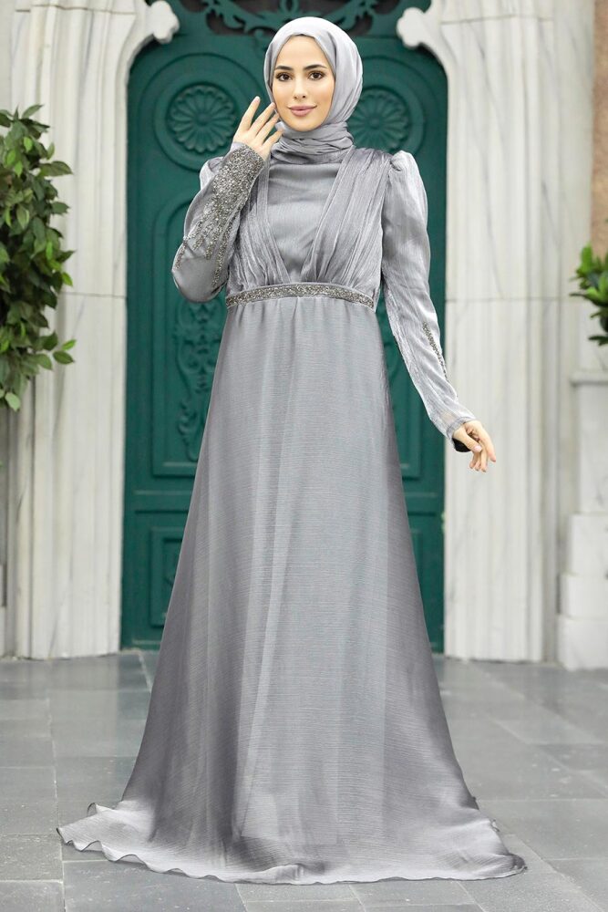 Neva Style - Elegant Smoke Color Muslim Engagement Dress 25854FU - 2