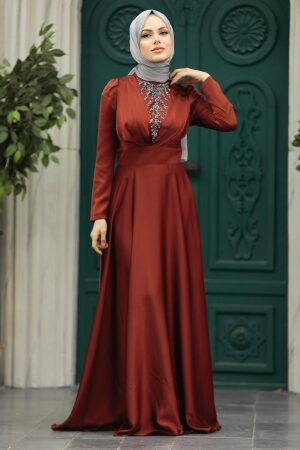 Neva Style - Elegant Terra Cotta Muslim Engagement Dress 39011KRMT - Thumbnail