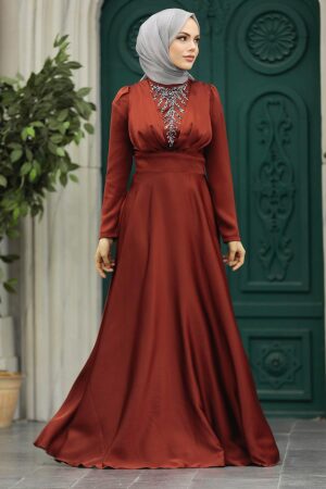 Neva Style - Elegant Terra Cotta Muslim Engagement Dress 39011KRMT - Thumbnail