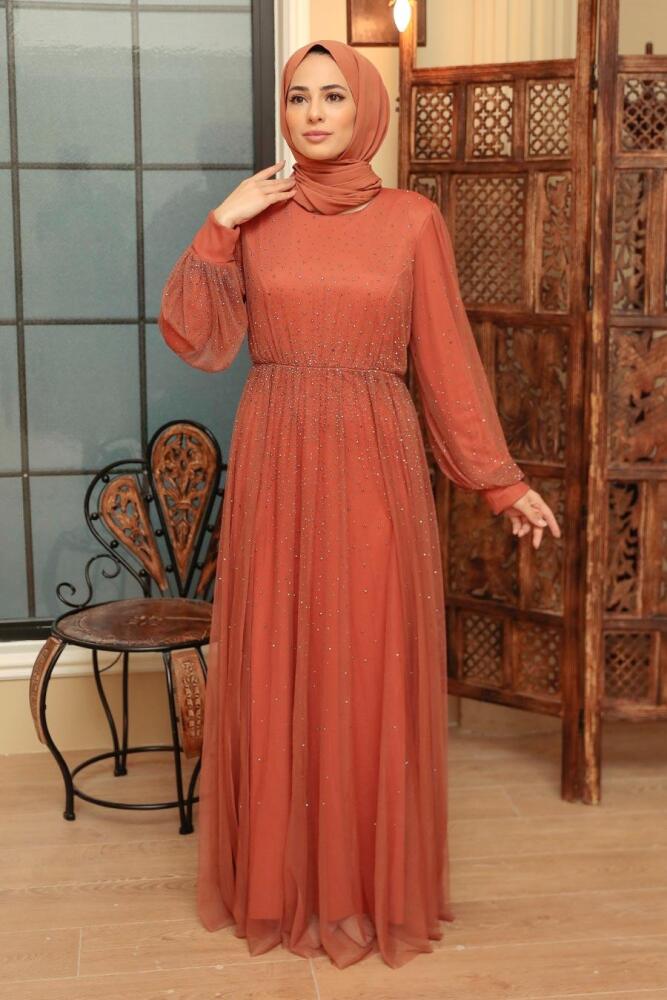 Neva Style - Elegant Terra Cotta Muslim Fashion Evening Dress 20951KRMT - 2