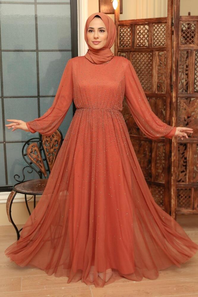 Neva Style - Elegant Terra Cotta Muslim Fashion Evening Dress 20951KRMT - 1