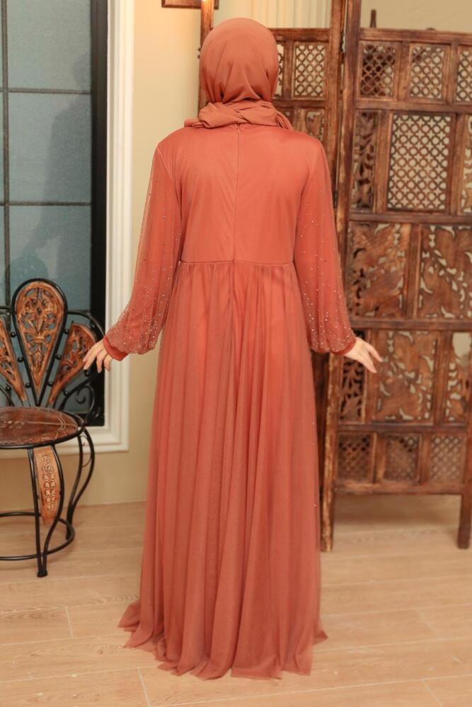 Neva Style - Elegant Terra Cotta Muslim Fashion Evening Dress 20951KRMT - 3