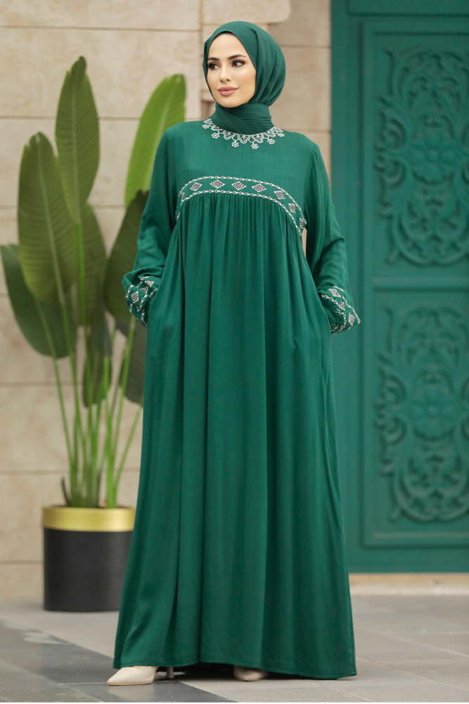 Emerald Green Hijab Turkish Dress 89581ZY - 1