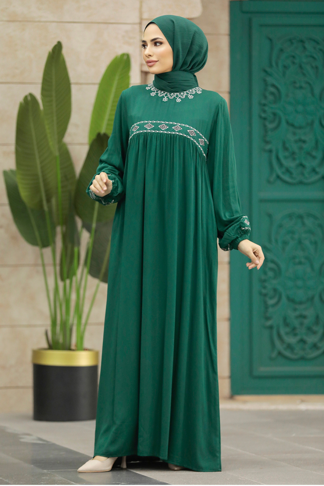 Emerald Green Hijab Turkish Dress 89581ZY - 2