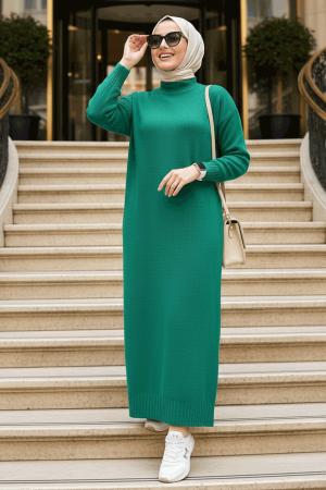 Emerald Green Long Dress for Muslim Ladies Knitwear Dress 3409ZY - NEVA STYLE