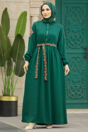 green emerald velvet dress Green Muslim Wedding Dress With Gold Lace Applique DQG038 main image 0