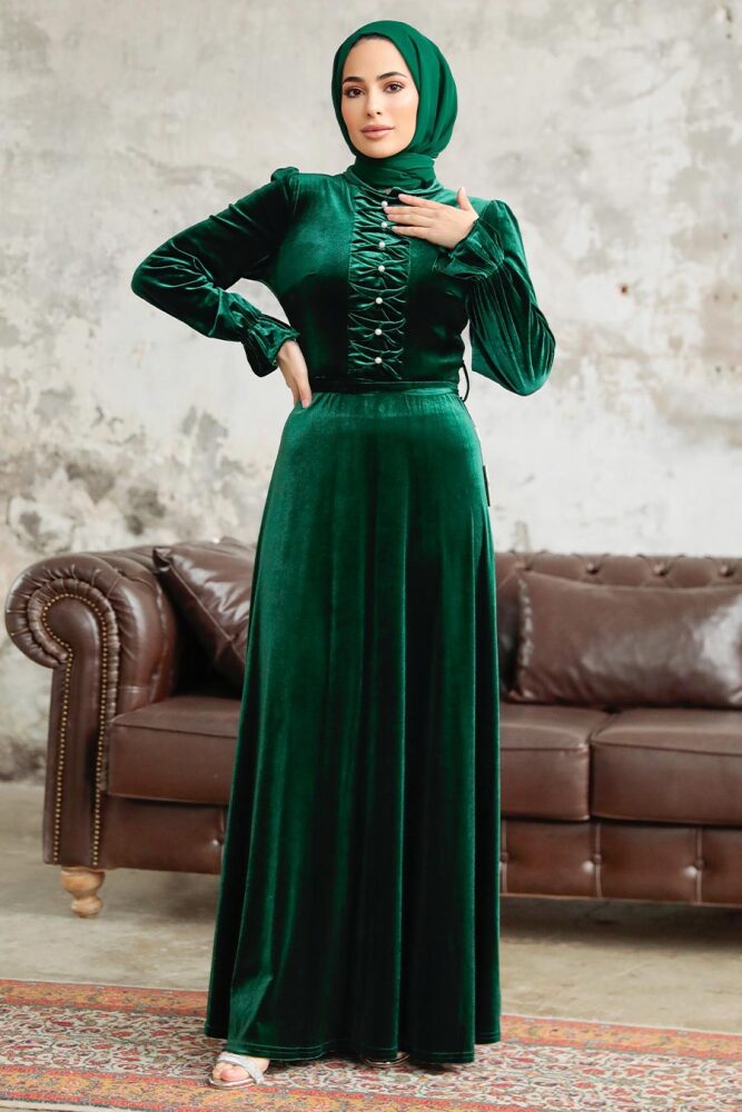 Emerald Green Velvet Hijab Maxi Dress 37091ZY - 1