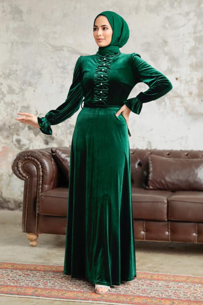 Emerald Green Velvet Hijab Maxi Dress 37091ZY - 2