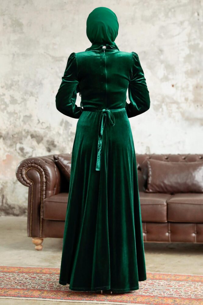 Emerald Green Velvet Hijab Maxi Dress 37091ZY - 4