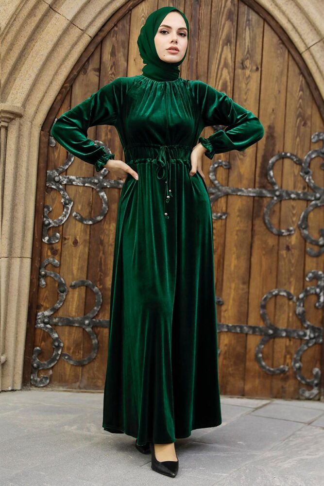 Emerald Green Velvet Long Dress for Muslim Ladies 36921ZY - 2