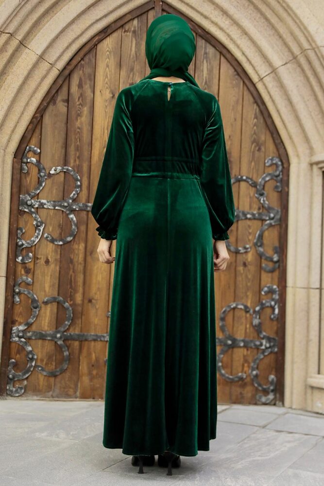 Emerald Green Velvet Long Dress for Muslim Ladies 36921ZY - 3