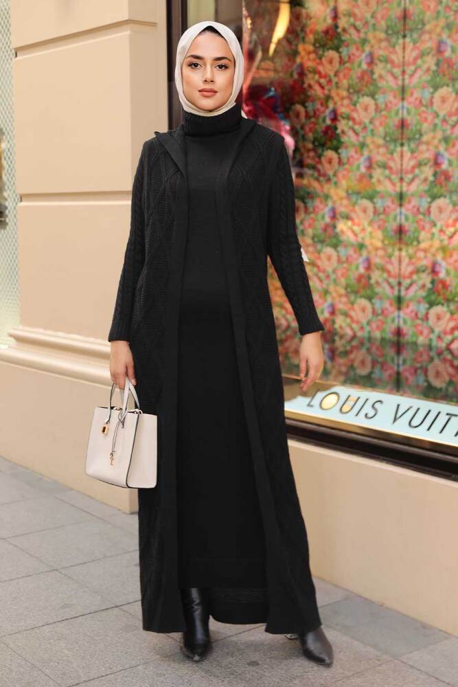 Neva Style -Ensemble Double Tricot Hijab Noir 15030S - 1
