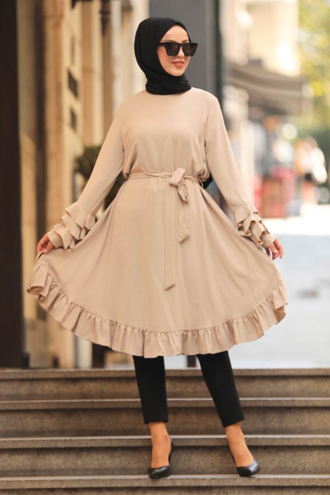 Neva Style - Eteği Fırfırlı Bej Tesettür Tunik 6695BEJ - 1