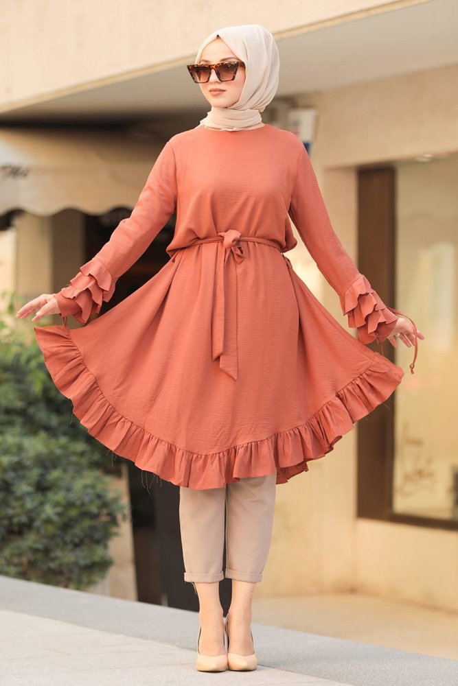 Neva Style - Eteği Fırfırlı Koyu Taba Tesettür Tunik 6695KTB - 1