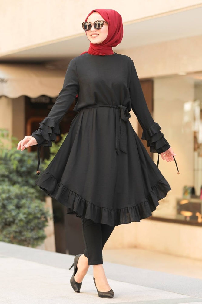 Neva Style - Eteği Fırfırlı Siyah Tesettür Tunik 6695S - 1