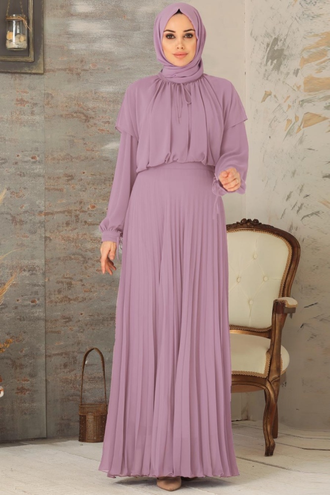 Neva Style - Eteği Piliseli Gül Kurusu Tesettür Abiye Elbise 27281GK - 1