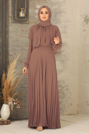 Neva Style - Eteği Piliseli Kahverengi Tesettür Abiye Elbise 27281KH - 1
