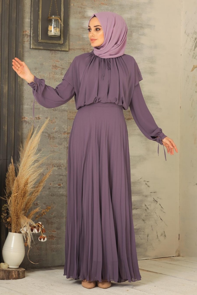 Neva Style - Eteği Piliseli Lila Tesettür Abiye Elbise 27281LILA - 1
