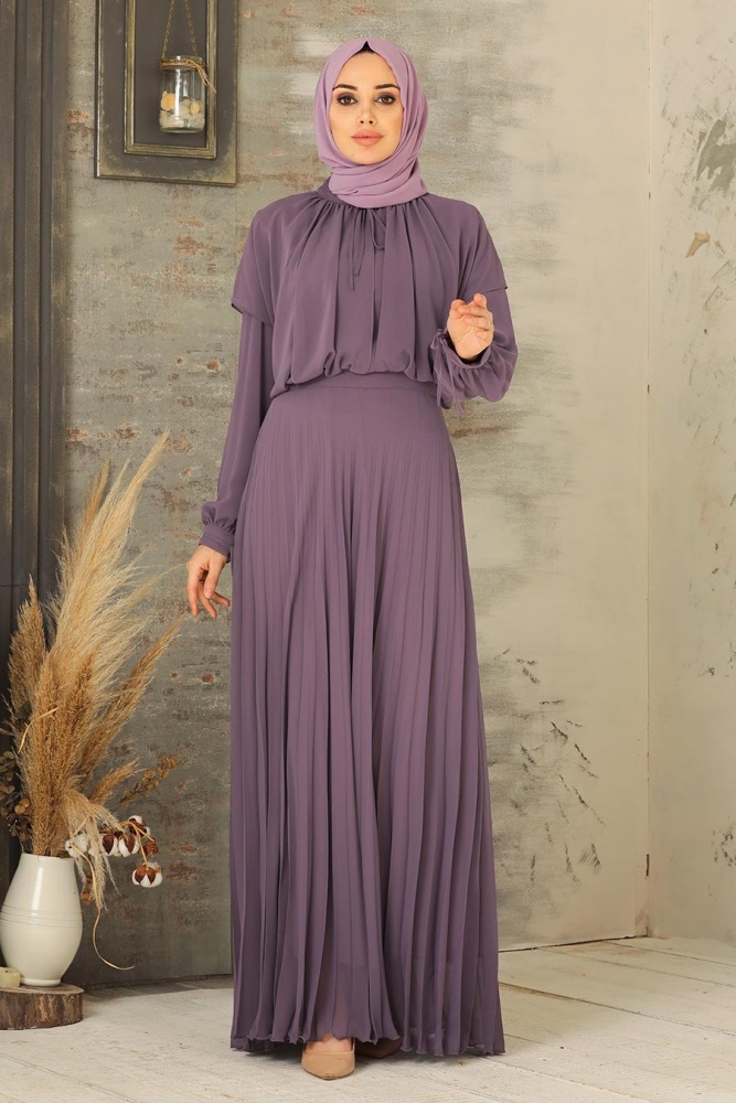 Neva Style - Eteği Piliseli Lila Tesettür Abiye Elbise 27281LILA - 2