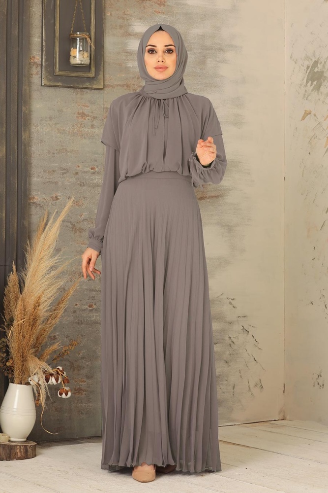 Neva Style - Eteği Piliseli Vizon Tesettür Abiye Elbise 27281V - 1