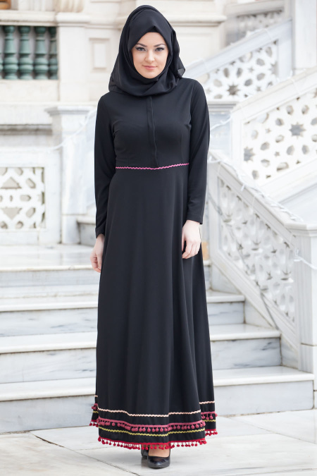 Neva Style - Eteği Ponpon Detaylı Siyah Tesettür Elbise 40890S