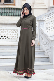 Neva Style - Eteği Ponpon Detaylı Yeşil Tesettür Elbise 40890Y - Thumbnail