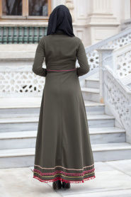 Neva Style - Eteği Ponpon Detaylı Yeşil Tesettür Elbise 40890Y - Thumbnail