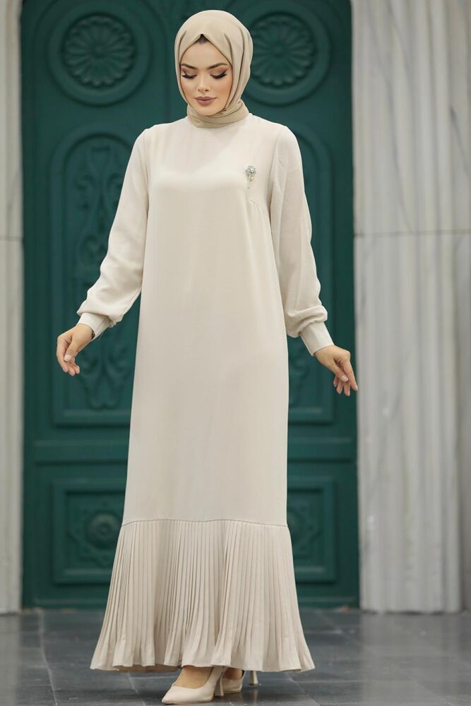 Neva Style - Etek Ucu Bej Volanlı Tesettür Elbise 12448BEJ - 1