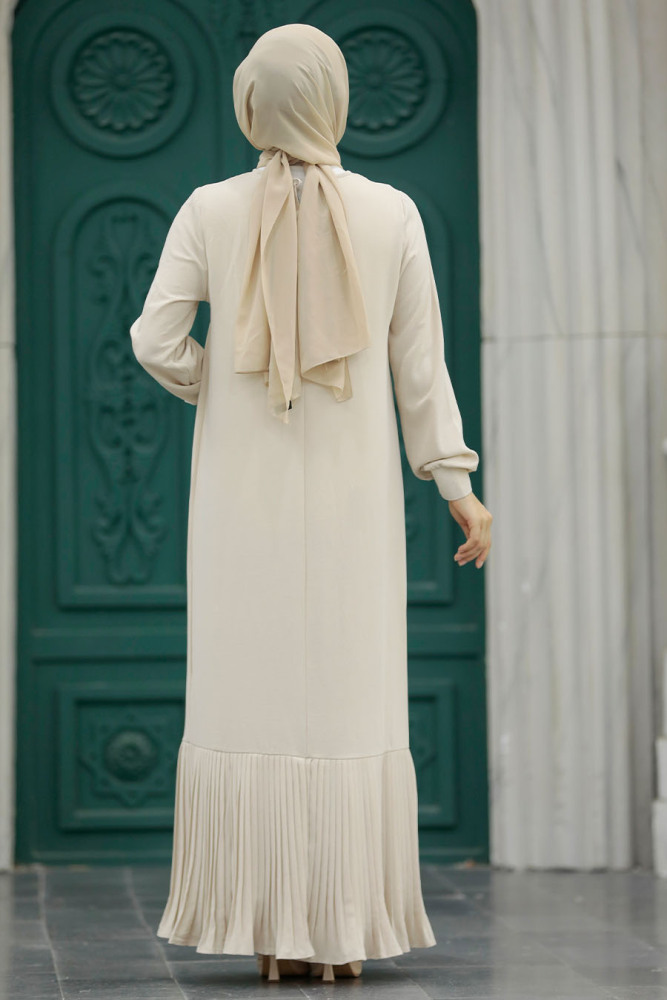 Neva Style - Etek Ucu Bej Volanlı Tesettür Elbise 12448BEJ - 3