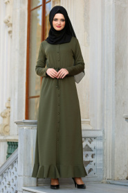 Neva Style - Etek Ucu Fırfırlı Haki Tesettür Elbise 42110HK - Thumbnail