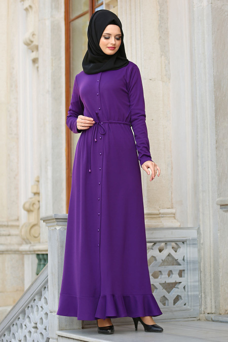 Neva Style - Etek Ucu Fırfırlı Mor Tesettür Elbise 42110MOR