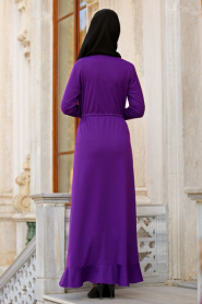 Neva Style - Etek Ucu Fırfırlı Mor Tesettür Elbise 42110MOR - Thumbnail