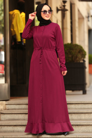 Neva Style - Etek Ucu Fırfırlı Mürdüm Tesettür Elbise 42110MU - Thumbnail